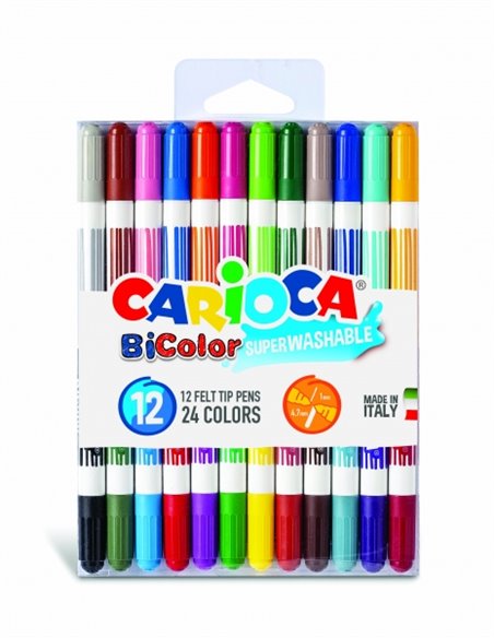 Lot de 12 marqueurs Carioca Bicolor - Deux couleurs par marqueur - Encre super lavable - Pointe conique pour une double écriture
