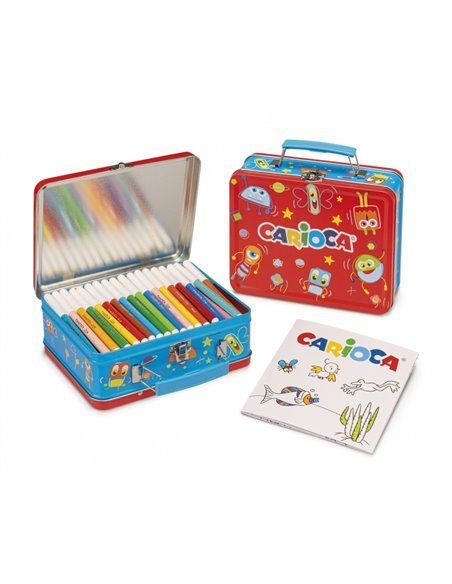 Pack Carioca de 100 marqueurs à pointe fine et encre super lavable - Boîte en métal - 1 album de coloriage - Dédié aux petits ar