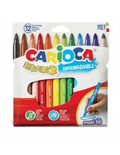 Lot de 12 marqueurs Carioca Bravo - Corps octogonal Maxi - Encre super lavable - Pointe bloquée Maxi 6 mm - Capuchon ventilé - C
