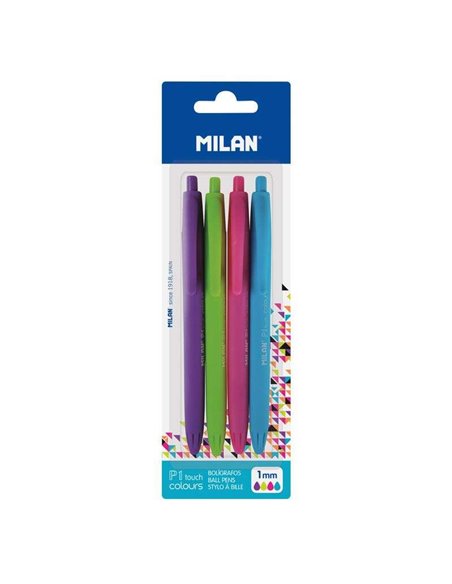 Lot de 4 stylos à bille rétractables Milan P1 Touch Colours - Pointe ronde de 1 mm - Encre à base d'huile - Écriture fluide - Po