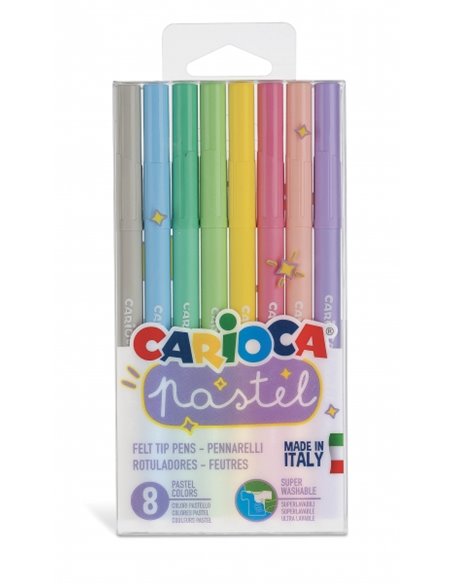 Lot de 8 marqueurs pastel Carioca - Encre super lavable - Parfait pour colorier et souligner - Non toxique - Pointe conique bloq