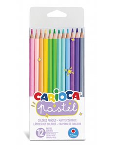 Lot de 12 crayons pastel en bois Carioca - Couleurs pastel - Corps hexagonal - Couleurs vives et lavables - Écriture douce - Min
