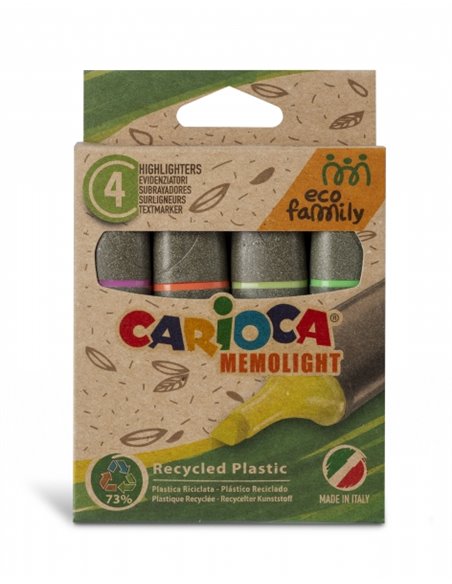 Pack familial Carioca Eco de 4 surligneurs - Couleurs vives - Encre à base d'eau - Pointe biseautée de 5 mm - Couleurs variées