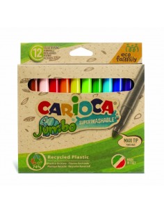 Lot familial Carioca Jumbo Eco de 12 marqueurs – Pointe maxi 6 mm – Encre super lavable – Capuchon ventilé – Différentes couleur