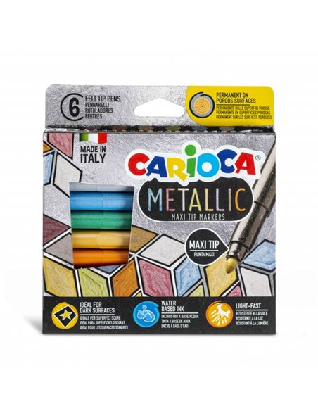 Lot de 6 marqueurs Carioca Metallic Maxi - Pointe Maxi Ø 6 mm - Idéal pour surfaces sombres - Couleurs permanentes sur surfaces 