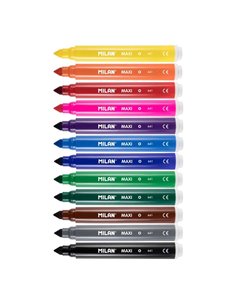 Lot de 12 marqueurs Milan Maxi - Pointe conique 7,5 mm - Encre à base d'eau - Lavable - Couleurs assorties