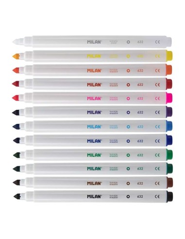 Pack Milan de 11 marqueurs effaçables + 1 marqueur effaceur - Pointe conique 5 mm - Encre à l'eau - Lavable - Couleurs assorties