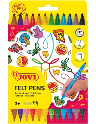 Trousse à feutres Jovi 12 marqueurs double pointe - Pointe fine et maxi - Grande variété de nuances - Encre longue durée - Coule