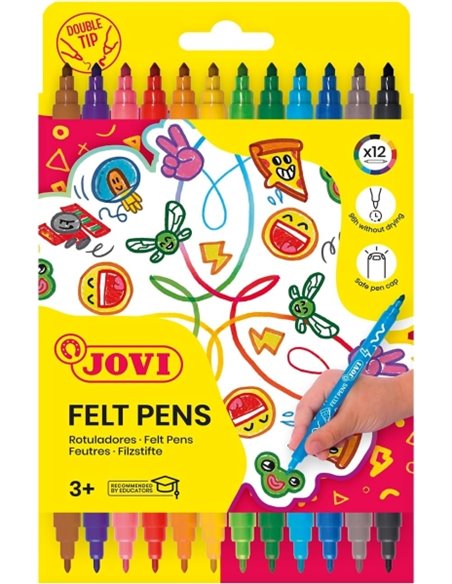 Trousse à feutres Jovi 12 marqueurs double pointe - Pointe fine et maxi - Grande variété de nuances - Encre longue durée - Coule