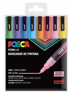 Lot de 8 marqueurs peinture Posca PC3M - Pointe conique 0,9-1,3 mm - Encre à l'eau - Résistant à la lumière - Idéal pour la sign