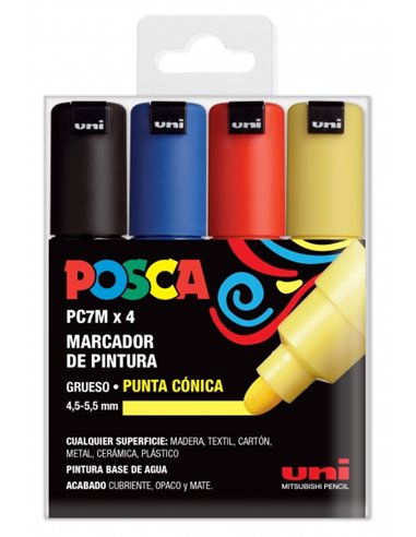 Lot de 4 marqueurs peinture Posca PC-7M - Pointe ogive 4,5-5,5 mm - Encre à base d'eau - Résistante à la lumière - Non permanent