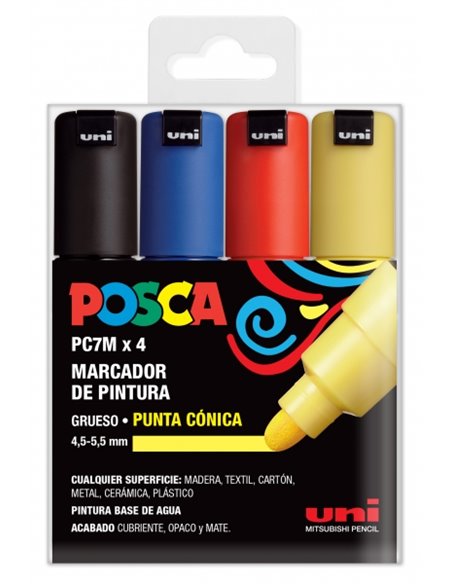 Lot de 4 marqueurs peinture Posca PC-7M - Pointe ogive 4,5-5,5 mm - Encre à base d'eau - Résistante à la lumière - Non permanent