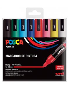 Lot de 8 marqueurs peinture Posca PC-5M/8C - Pointe polyester 1,8-2,5 mm - Encre à base d'eau - Résistante à la lumière - Non pe