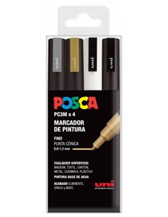 Lot de 4 marqueurs peinture Posca PC3M - Pointe conique 0,9-1,3 mm - Encre à base d'eau - Résistante à la lumière - Non permanen