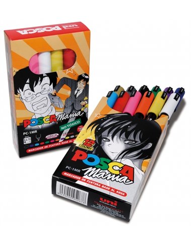 Lot de 12 marqueurs peinture Posca PC-1MR - Pointe roller fibre 0,7 mm - Encre à base d'eau - Résistante à la lumière - Non perm