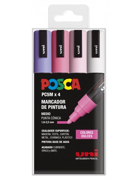 Lot de 4 marqueurs peinture Posca PC-5M - Pointe ogive 1,8-2,5 mm - Encre à base d'eau - Résistant à la lumière - Couleurs assor