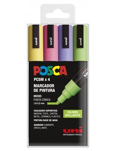 Lot de 4 marqueurs peinture Posca PC-5M - Pointe ogive 1,8-2,5 mm - Encre à base d'eau - Résistant à la lumière - Couleurs assor