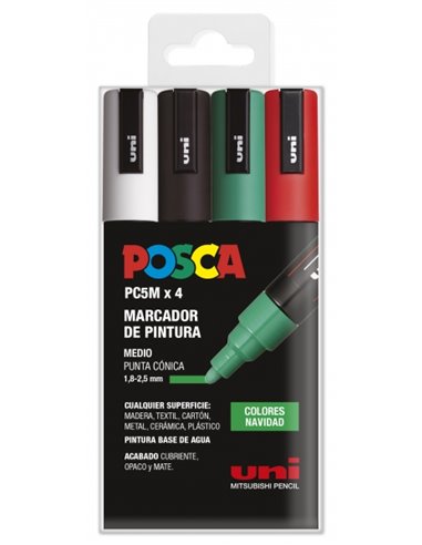 Lot de 4 marqueurs peinture Posca PC-5M - Pointe ogive 1,8-2,5 mm - Encre à base d'eau - Résistant à la lumière - Couleurs assor