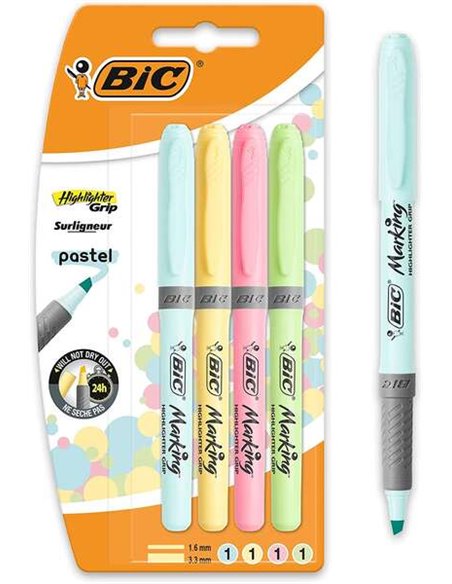 Lot de 4 marqueurs pastel fluorescents Bic Highlighter Grip - Encre à base d'eau - Pointe biseautée - Taille de trait entre 1,60