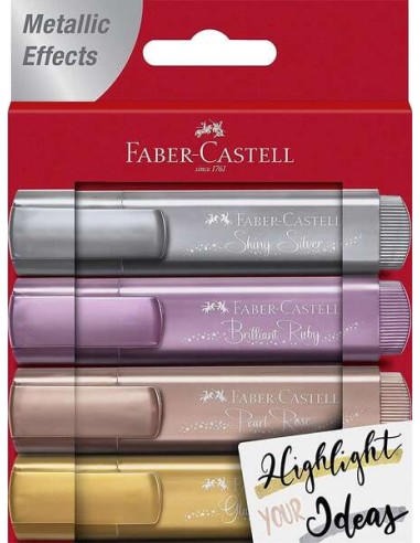 Lot de 4 marqueurs fluorescents Faber-Castell Textliner 46 Metallic - Pointe biseautée - Tailles de trait de 1 à 5 mm - Encre à 