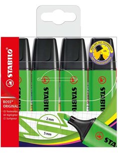 Lot de 4 marqueurs fluorescents Stabilo Boss 70 - Traits de 2 à 5 mm - Rechargeables - Encre à base d'eau - Vert