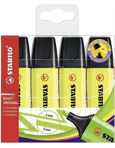 Pack de 4 marqueurs fluorescents Stabilo Boss 70 - Trait entre 2 et 5 mm - Rechargeables - Encre à base d'eau - Jaune fluo
