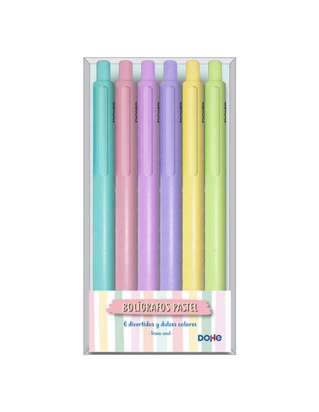 Lot de 6 stylos à bille rétractables Dohe - Pointe métallique 1 mm - Course 0,4 mm - Encre bleue - Couleurs pastel assorties
