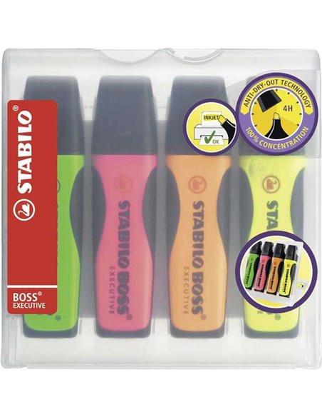 Pack de 4 marqueurs fluorescents Stabilo Boss Executive - Zone de préhension - Taille de trait entre 2 et 5 mm - Rechargeables -