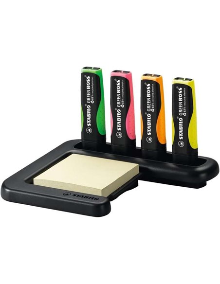 Stabilo Green Boss Table Set de 4 marqueurs fluorescents 83 % plastique recyclé + bloc-notes adhésif 100 % papier recyclé - Set 
