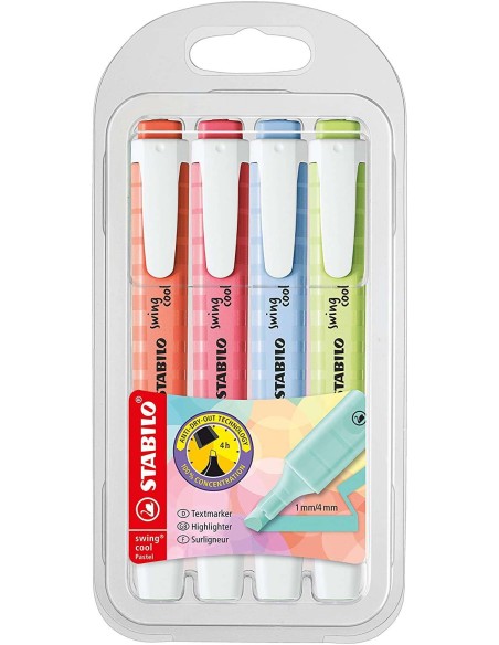 Lot de 4 marqueurs fluorescents Stabilo Swing Cool Pastel - Corps plat - Pointe biseautée - Taille de trait entre 1 et 4 mm - En