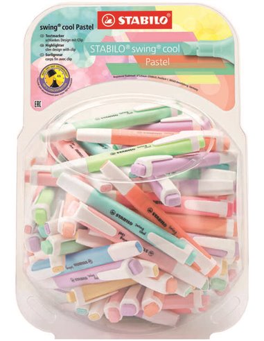 Stabilo Swing Cool Pastel, coffret de 100 marqueurs fluorescents - Corps plat - Pointe biseautée - Trait entre 1 et 4 mm - Encre