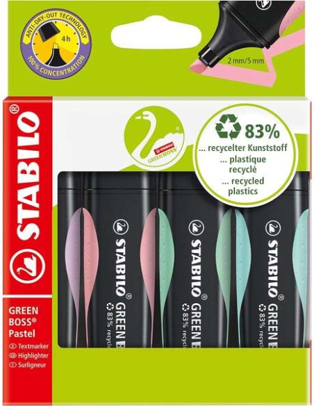 Lot de 4 surligneurs fluorescents Stabilo Green Boss Pastel - Fabriqués à 83 % en plastique recyclé - Tailles de trait : 2 à 5 m