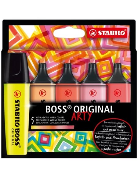 Pack de 5 marqueurs fluorescents Stabilo Boss Original Arty aux couleurs chaudes - Tailles de trait 2-5 mm - Encre à base d'eau