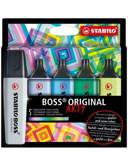 Pack de 5 marqueurs fluorescents Stabilo Boss Original Arty aux couleurs vives - Tailles de trait : 2 à 5 mm - Encre à base d'ea