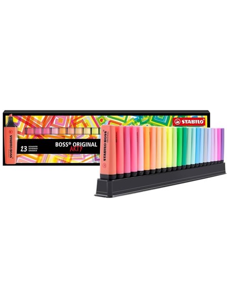 Pack de 23 marqueurs fluorescents Stabilo Boss Arty Line - Gamme de traits de 2 à 5 mm - Rechargeables - Encre à base d'eau - Co