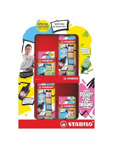 Stabilo Boss Mini by Snooze One Display avec 4 Pack de 3 Mini Marqueurs + 4 Pack de 3 Mini Marqueurs + 8 Pack de 6 Mini Marqueur