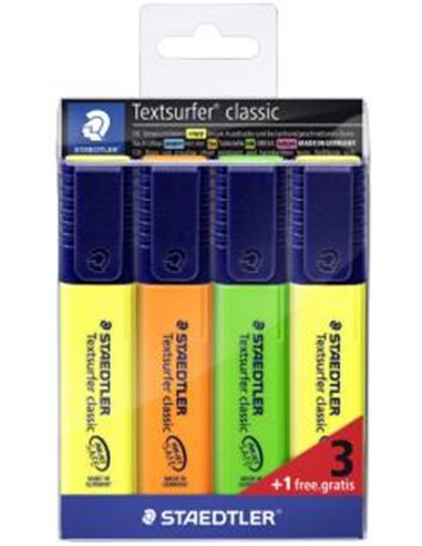 Marqueurs fluorescents Staedtler Textsurfer Classic 364, lot de 4 – Séchage rapide – Ligne 1 – 5 mm environ – Couleurs assorties