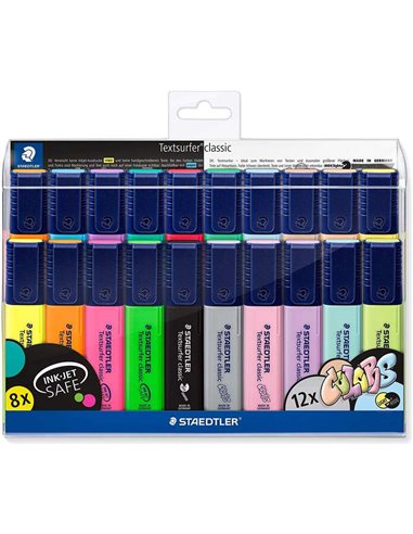 Staedtler Textsurfer Classic 364, lot de 20 marqueurs fluorescents – Pointe biseautée – Taille de trait 1-5 mm – Encre à base d'