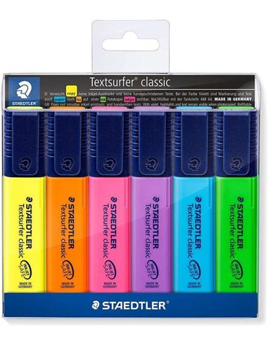 Marqueurs fluorescents Staedtler Textsurfer Classic 364, lot de 6 – Séchage rapide – Ligne 1 – 5 mm environ – Couleurs assorties