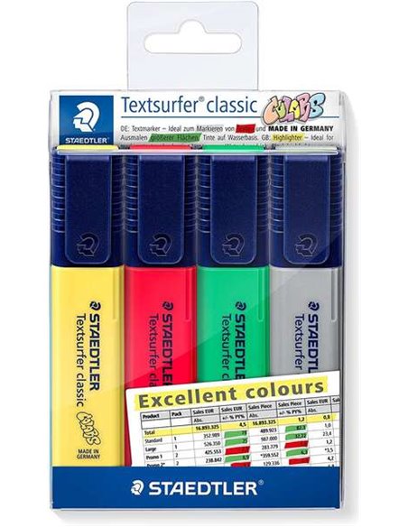 Marqueurs fluorescents Staedtler Textsurfer Classic 364, lot de 4 – Pointe biseautée 1 – 5 mm environ – Séchage rapide – Couleur