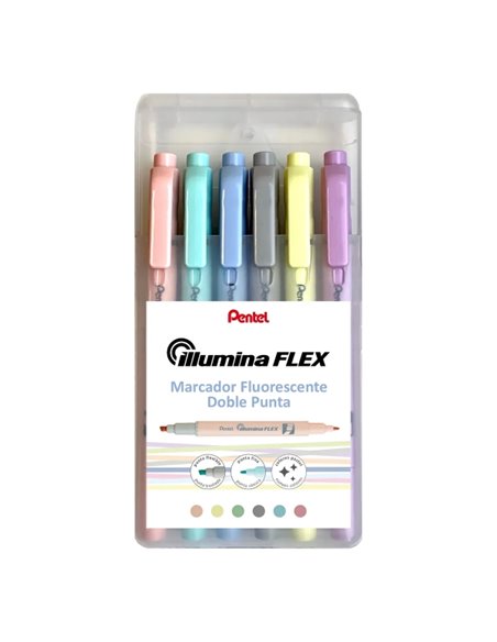 Lot de 6 marqueurs fluorescents Pentel Illumina Flex à double pointe - trait biseauté de 1,5 à 3,5 mm - trait conique de 1 mm - 