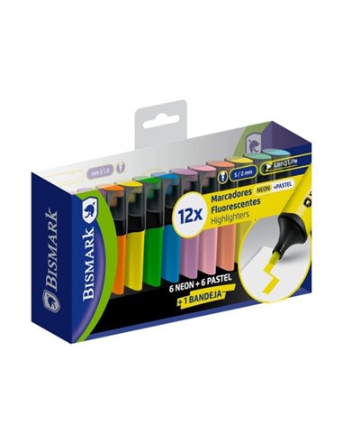 Lot de 12 marqueurs fluorescents Bismark - Pointe biseautée 2 - 5 mm environ - Encre à base d'eau - Longue durée - Couleurs fluo