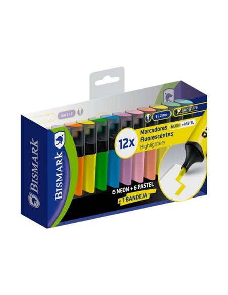 Lot de 12 marqueurs fluorescents Bismark - Pointe biseautée 2 - 5 mm environ - Encre à base d'eau - Longue durée - Couleurs fluo