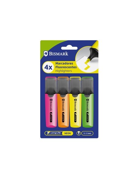 Lot de 4 marqueurs fluorescents Bismark - Pointe biseautée 2 - 5 mm environ - Encre à base d'eau - Longue durée - Couleurs fluo 