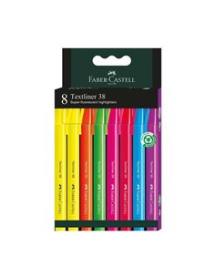 Lot de 8 marqueurs fluorescents Faber-Castell Textliner 38 - Corps fin - Pointe biseautée - Lignes larges et fines - Encre à bas