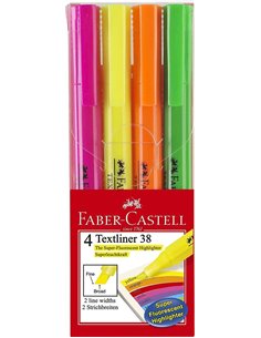 Lot de 4 marqueurs fluorescents Faber-Castell Textliner 38 - Corps fin - Pointe biseautée - Lignes larges et fines - Encre à bas