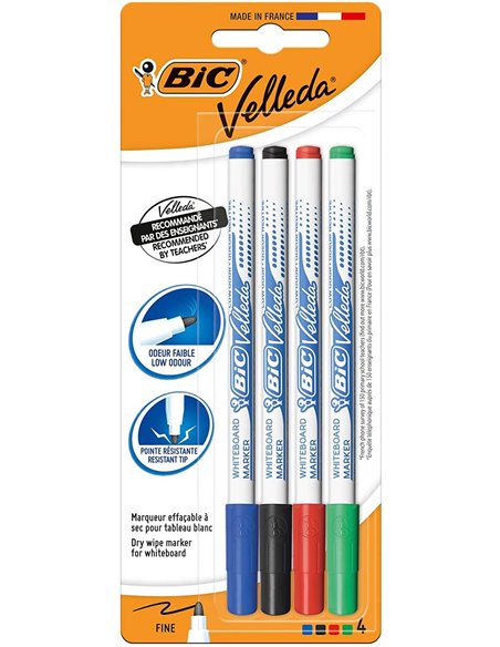 Lot de 4 marqueurs pour tableau blanc Bic Velleda 1721 - Pointe fine - Course de 1,6 mm - Effacement optimal - Couleurs assortie
