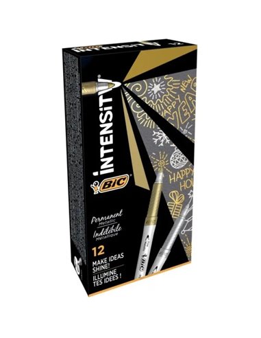 Marqueur permanent métallique Bic Intensity - Pointe moyenne 1,8 mm - Trait 0,8 mm - Grip texturé - Couleur or et argent
