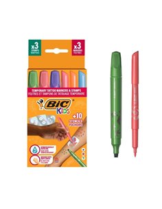 Pack de tatouages ​​temporaires Bic Kids (3 tampons + 3 marqueurs + 10 pochoirs) - Encre testée dermatologiquement et sans parfu