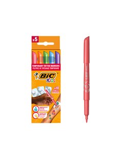 Pack de 5 marqueurs Bic Kids Tattoos + 10 pochoirs pour tatouages ​​temporaires - Encre testée dermatologiquement et sans parfum